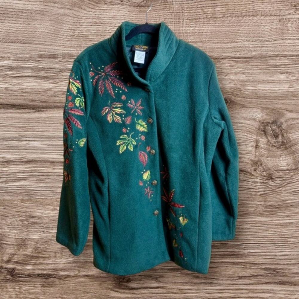 Bob Mackie hunter Green button-down fleece jacket Fall/autumn embroidered large.
